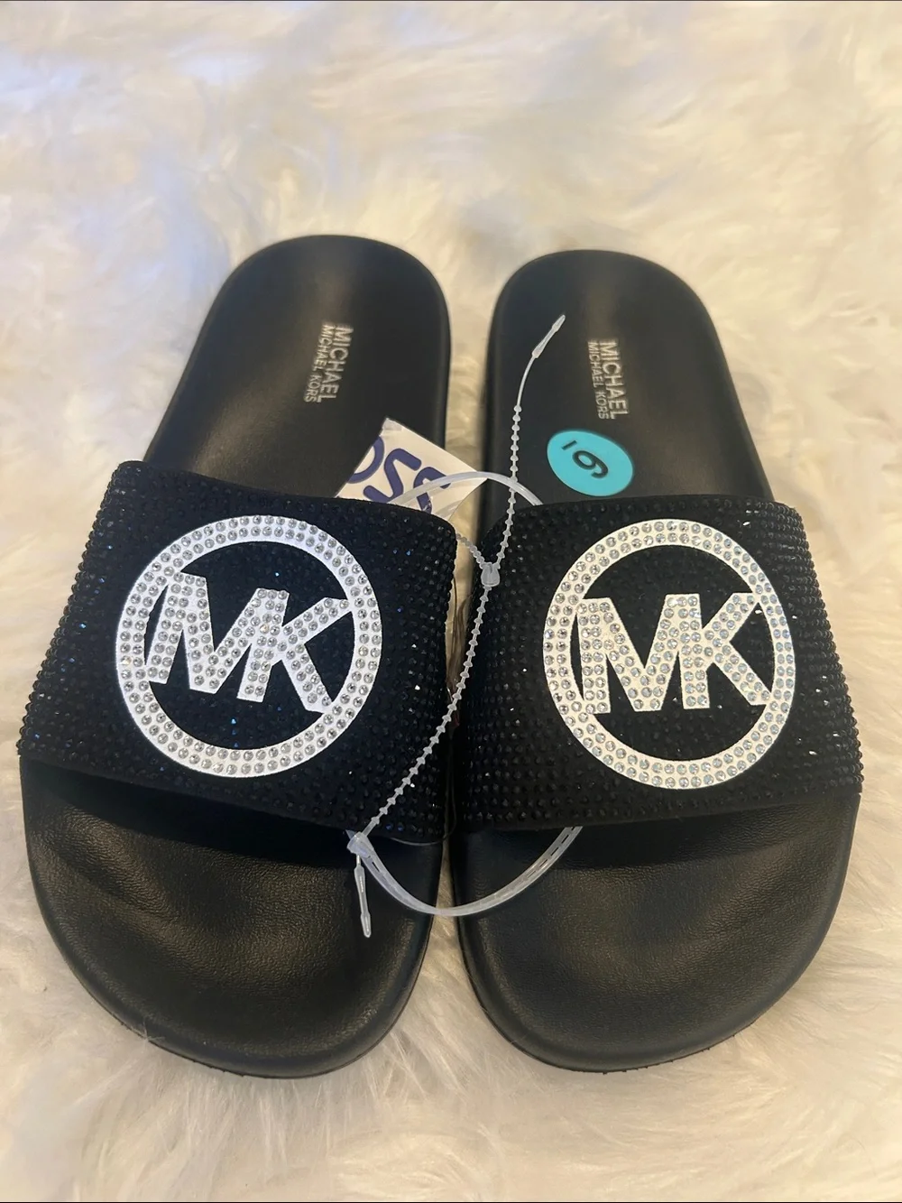 Michael Kors Black Rhinestone MK Slide Sandals